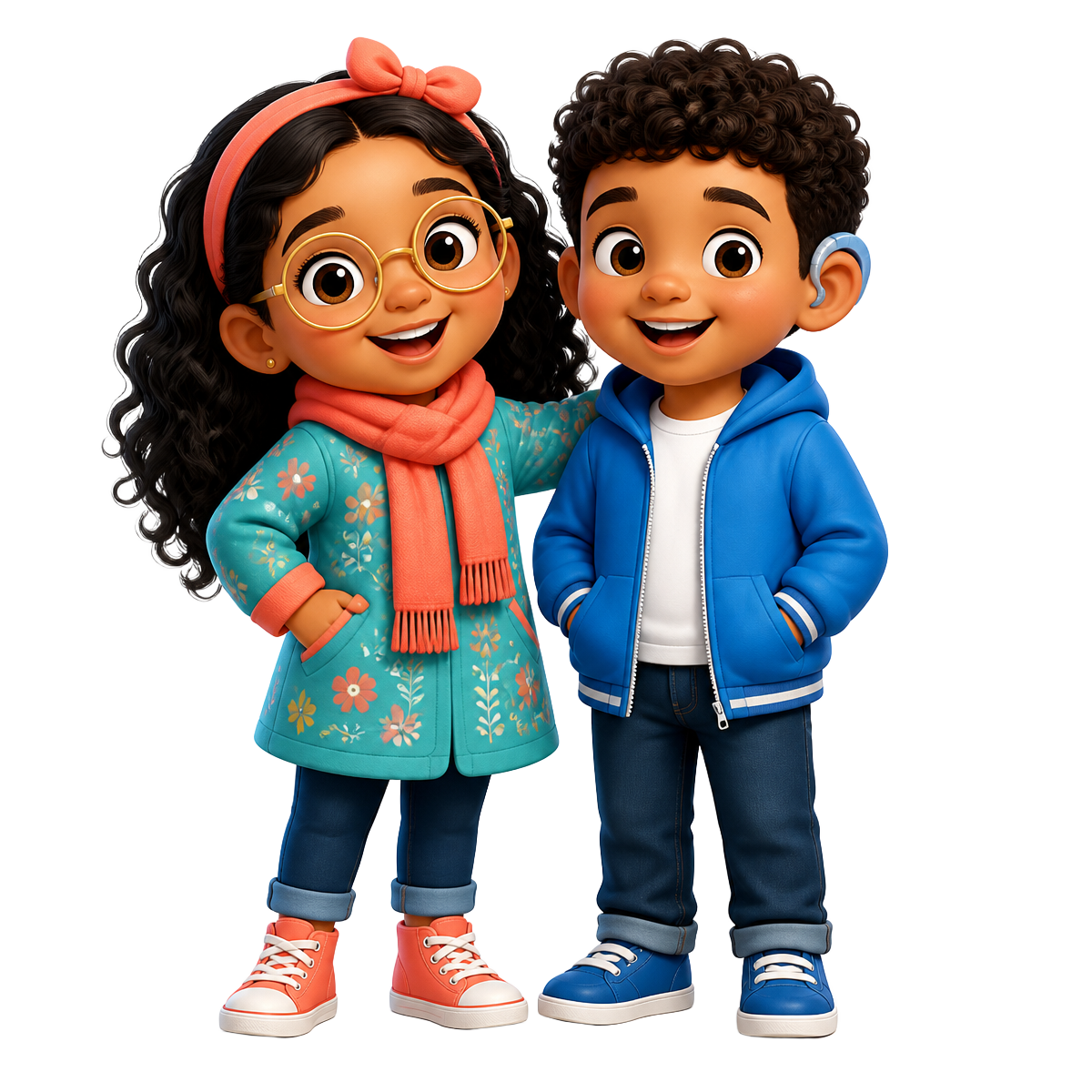 Noor, wearing gold glasses and a coral scarf, standing beside Azim, who wears a blue jacket and a hearing aid